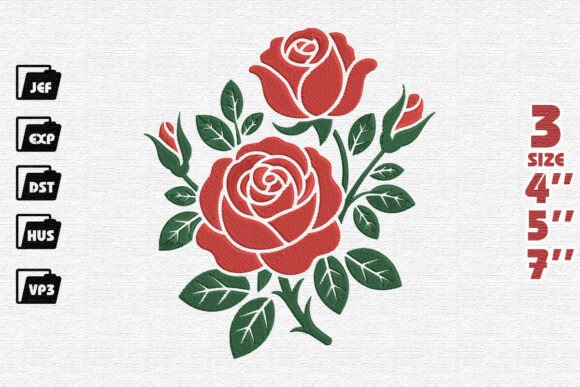 Stylized Red Roses and Green Leaves: A Seasonal Embroidery Staple